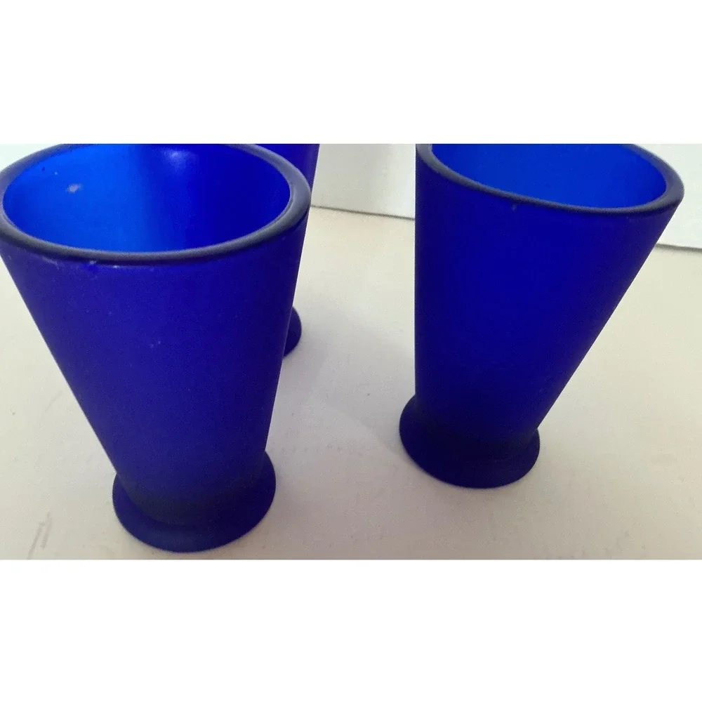 Cobalt Blue Frosted Glass Shot Glasses Set of 3 Tapered Conical Barware